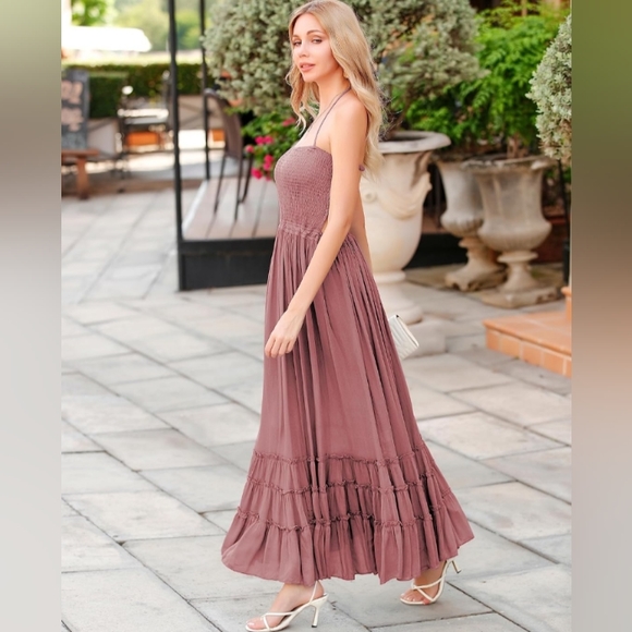 Mauve Pink Boho Maxi Halter Tie Dress Tiered Long Flowy Gauze Bohemian Vacation - Picture 7 of 13
